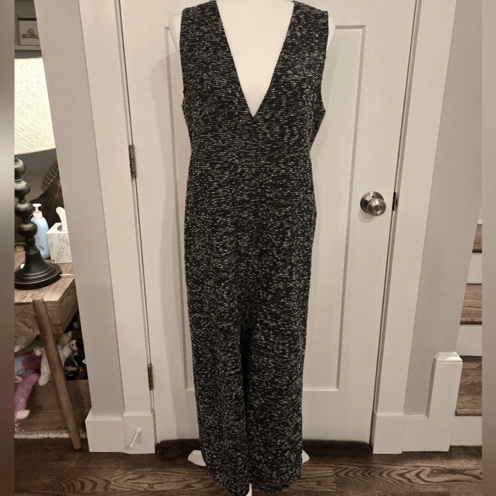 Zara Black White Tweed Knit Sleeveless Plunge Cropped Wide Leg Jumpsuit Large